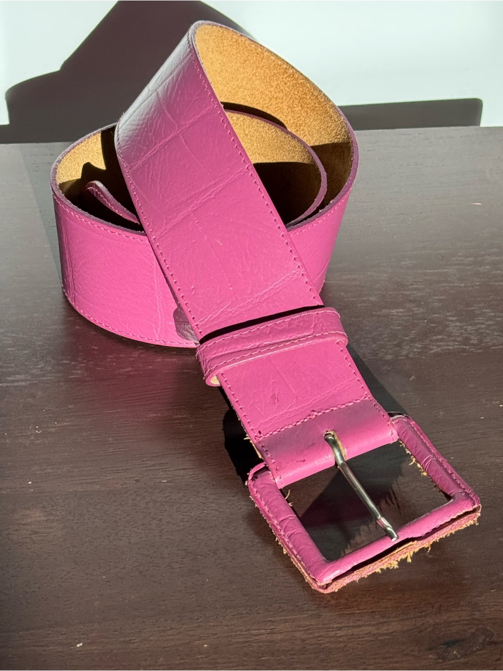 Wide Pink Leather Belt Croc Embossed Statement Waist Belt Size S/M Vintage Y2K